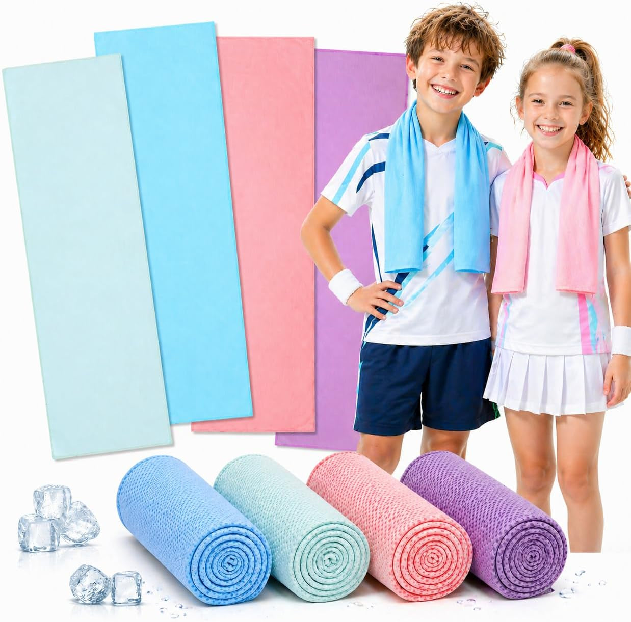 4 Pack Kids Cooling Towels, 30" X 9" Cooling Towels for Neck and Face, Soft Breathable Cooling Neck Wraps for Boys & Girls, Ideal for Sports, School, Summer Camp & Outdoor Use