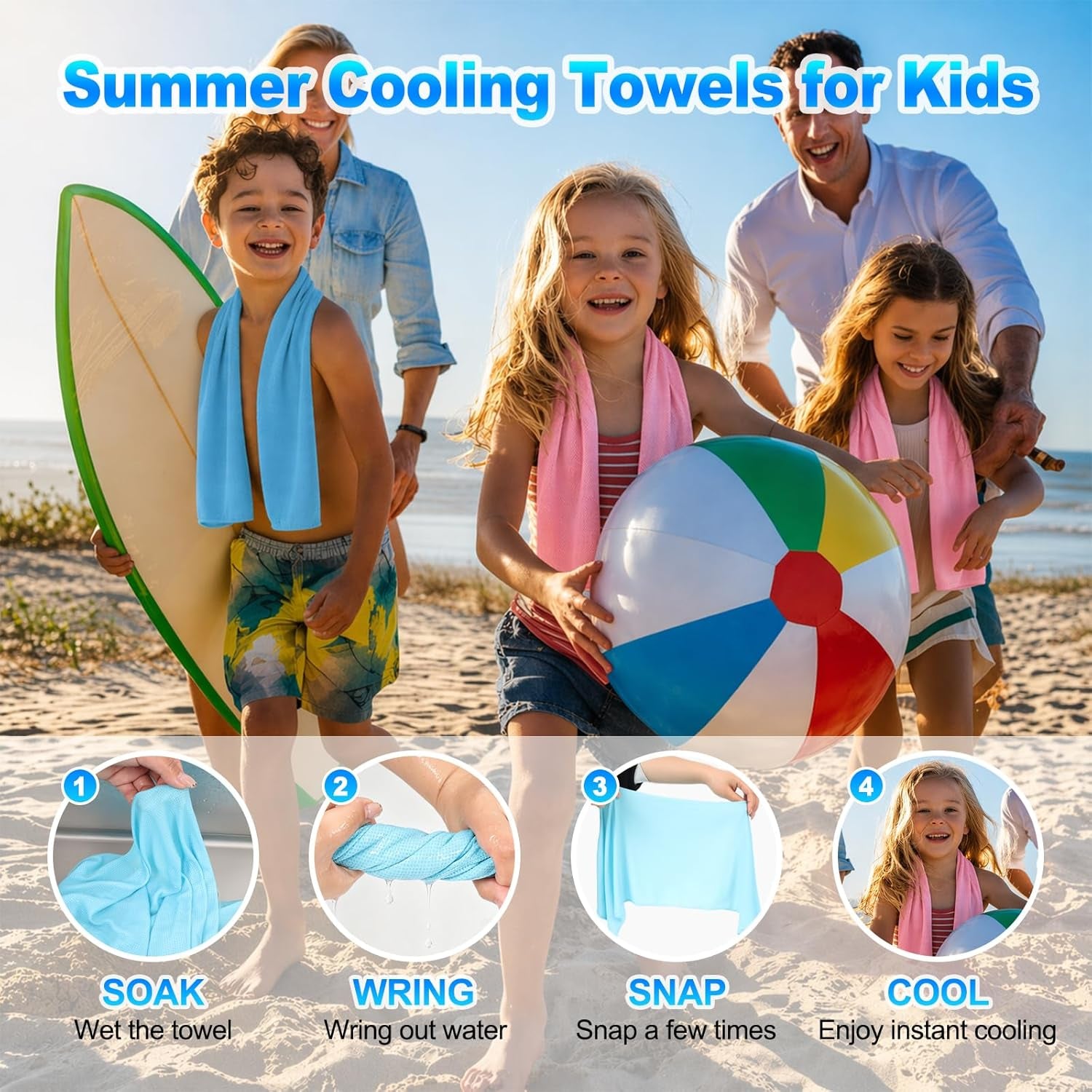 4 Pack Kids Cooling Towels, 30" X 9" Cooling Towels for Neck and Face, Soft Breathable Cooling Neck Wraps for Boys & Girls, Ideal for Sports, School, Summer Camp & Outdoor Use