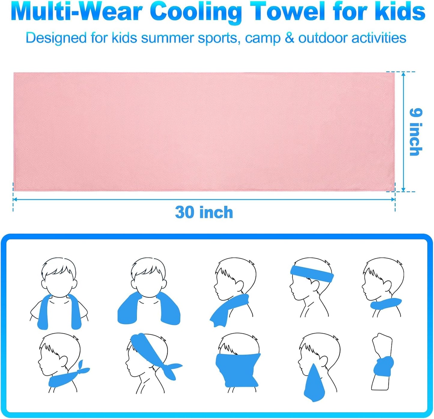 4 Pack Kids Cooling Towels, 30" X 9" Cooling Towels for Neck and Face, Soft Breathable Cooling Neck Wraps for Boys & Girls, Ideal for Sports, School, Summer Camp & Outdoor Use