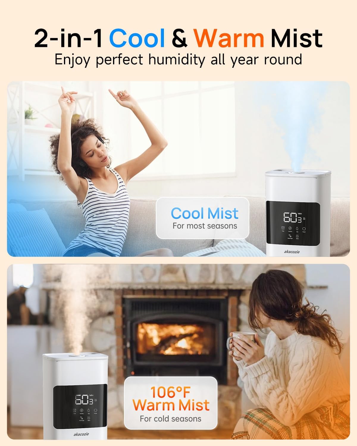 Humidifiers for Bedroom, Humidifier Large Room, White | Warm & Cool Mist, 2.1Gal/8L, 500 Sq Ft Coverage, Run 48H, Auto Humidity Control, Essential Oil Diffuser, for Home Baby Plants