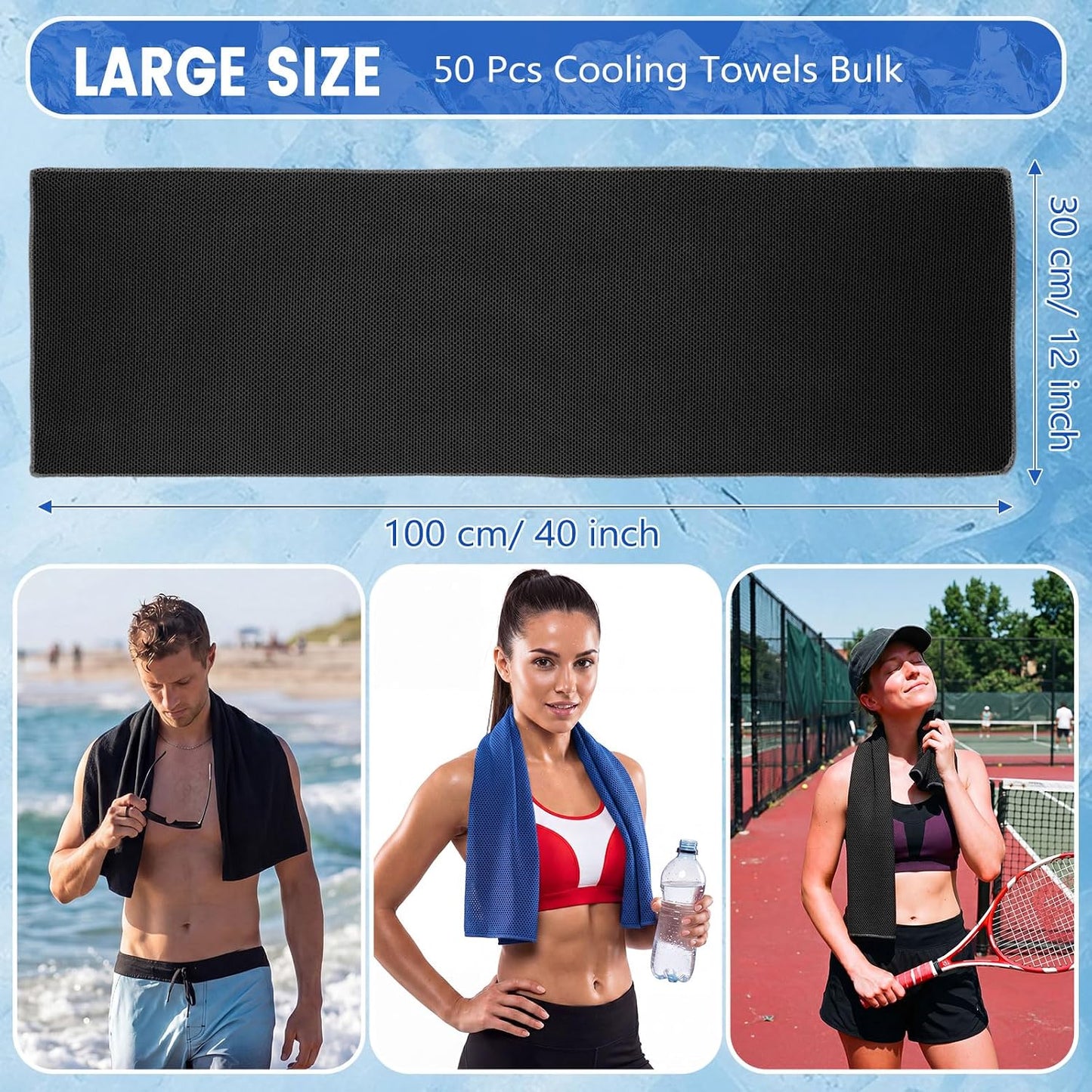50 Pack Cooling Towels, 40"X12" Yoga Towels Ice Breathable Soft Chilly Sweat Rag Microfiber Workout Rags for Neck and Face for Gym Golf Sport Running
