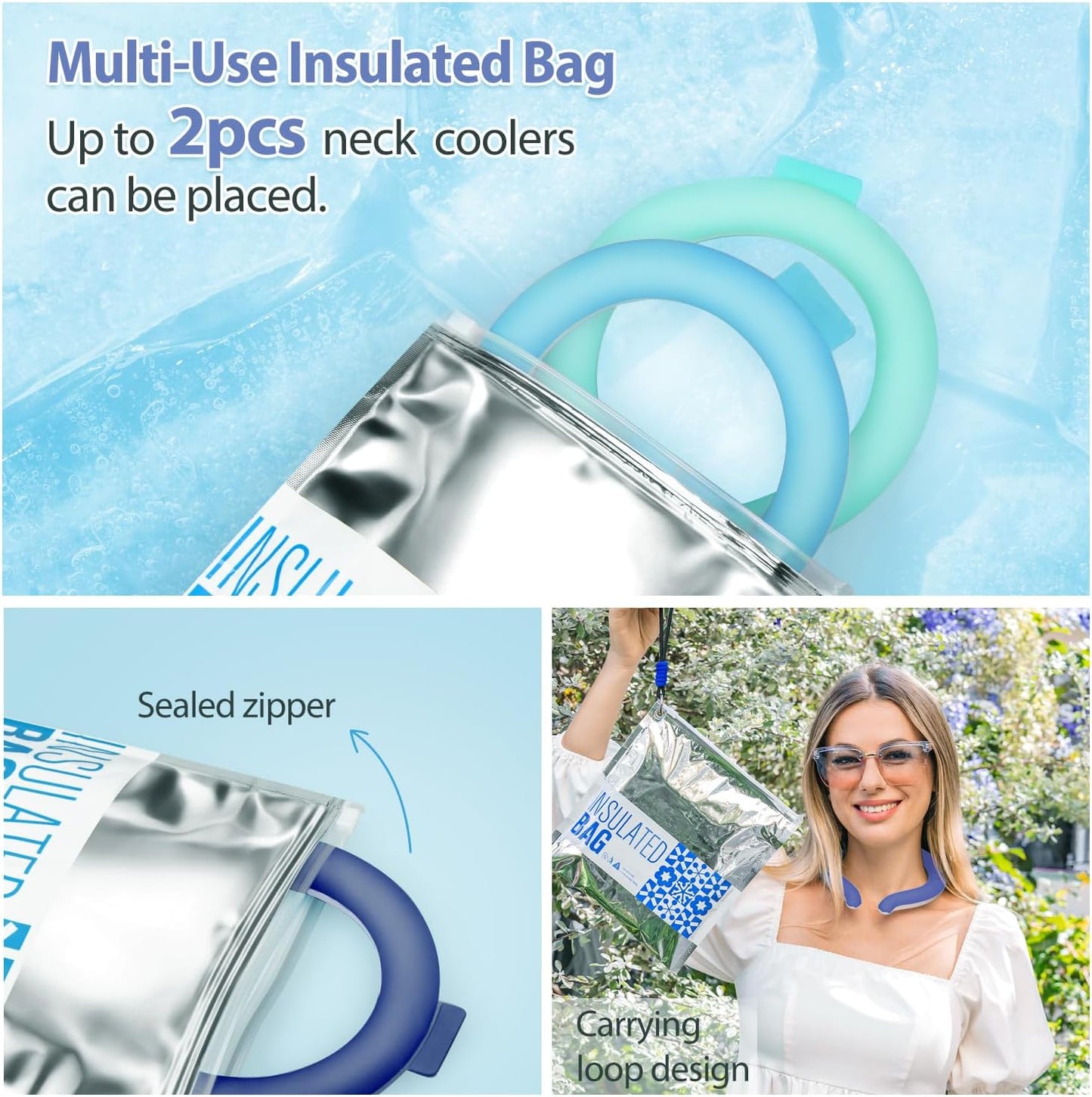 Neck Cooling Tube with Cold Insulated Bag,Reusable 18℃/64℉ Ice Neck Ring Wearable Body Cooler Products for Summer (Blue)