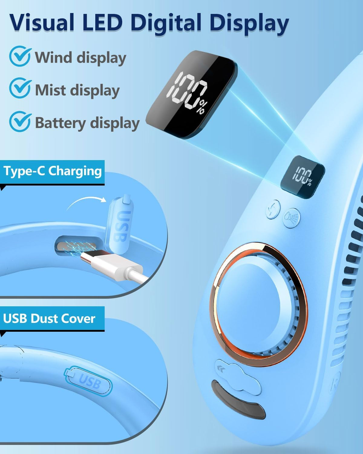 Portable Neck Fan with Mist – Rechargeable Bladeless Cooling Fan with LED Display