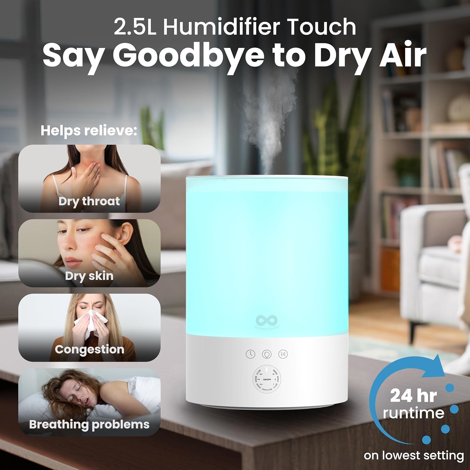 2.5 L Top-Fill Cool Mist Humidifier for Bedroom – Quiet with 24-Hour Runtime - White